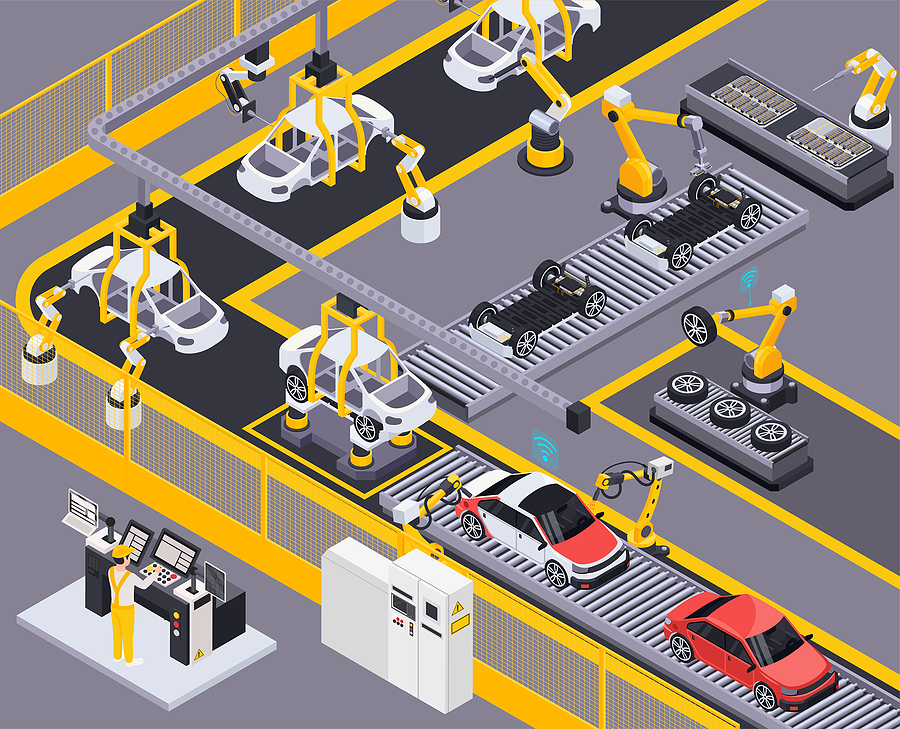 Automotive manufacturing industry production line illustration